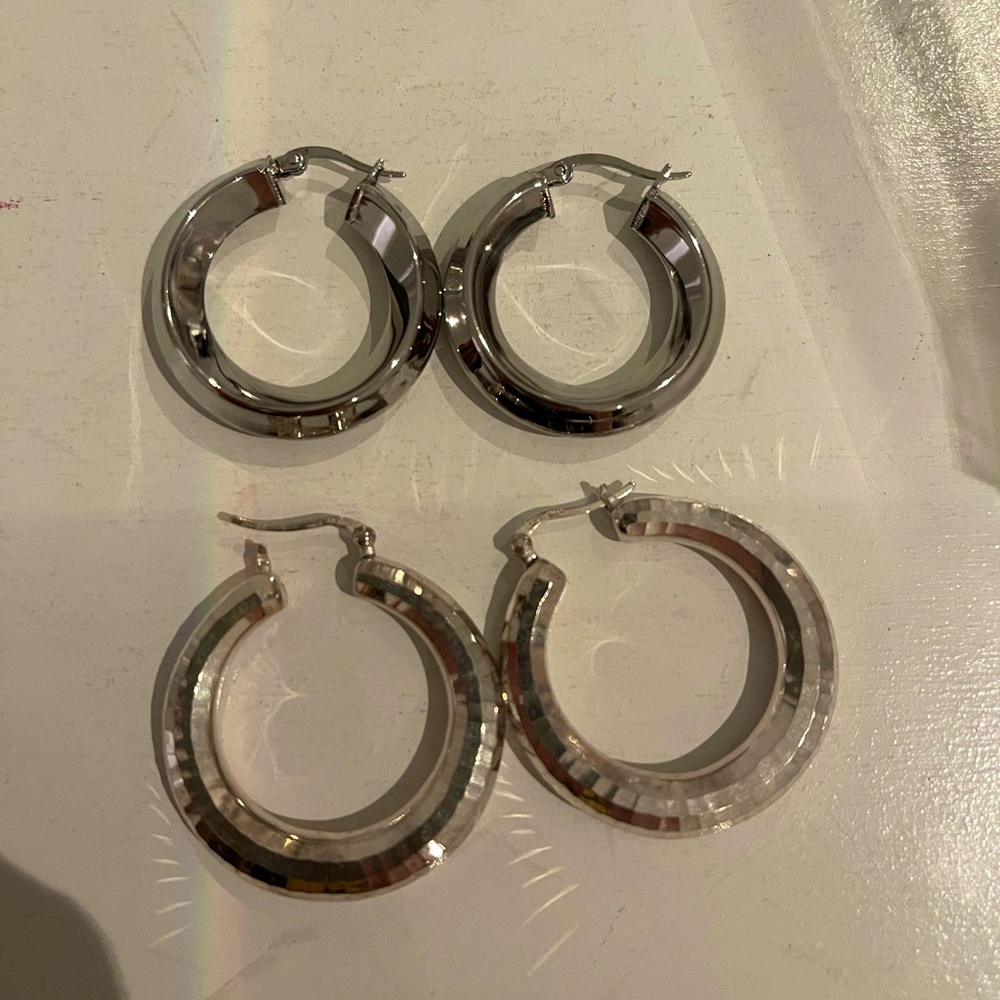 2 Sets of classic Silver hoop earrings